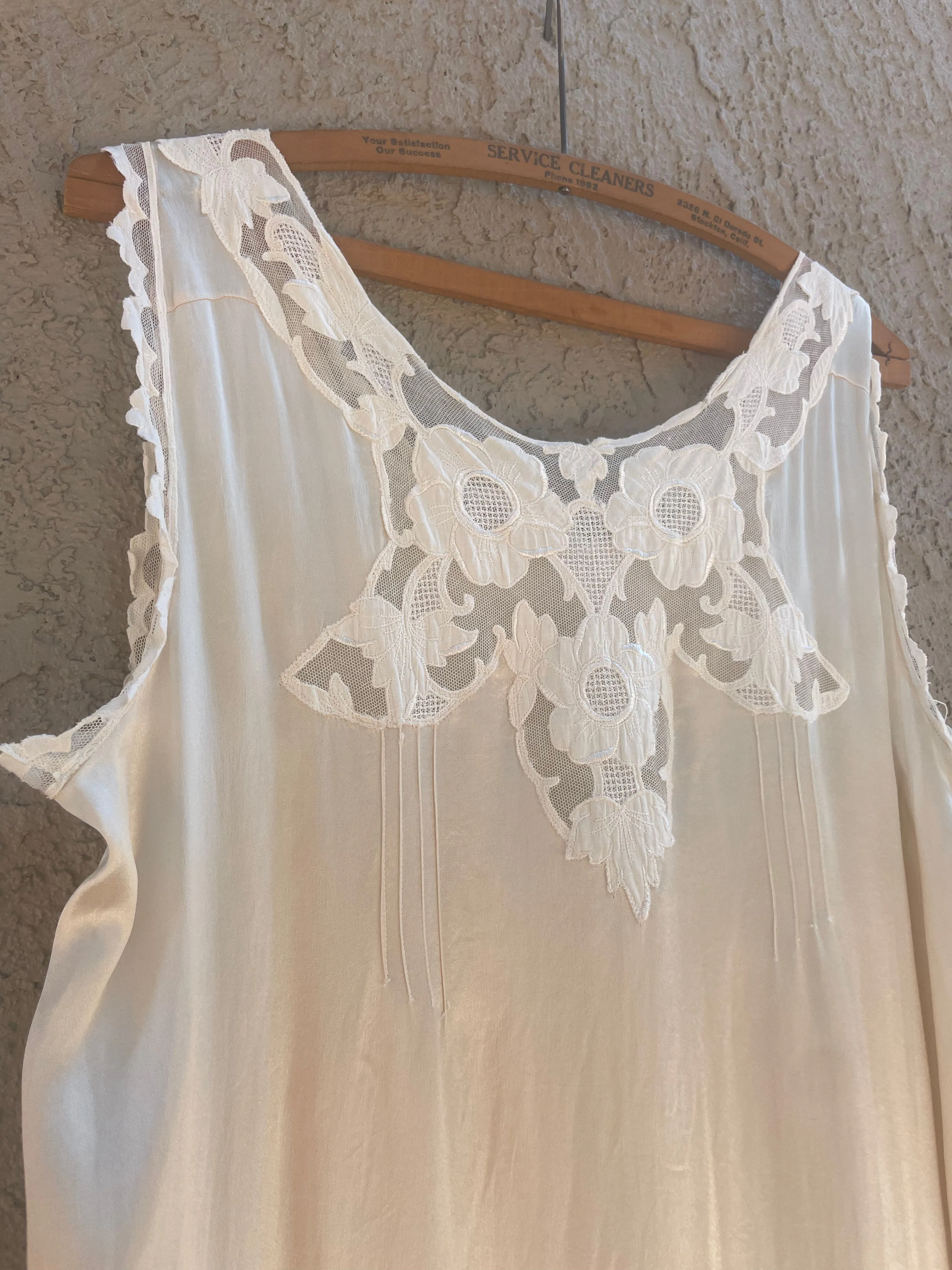 1920s Silk Floral Appliqué Slip Dress