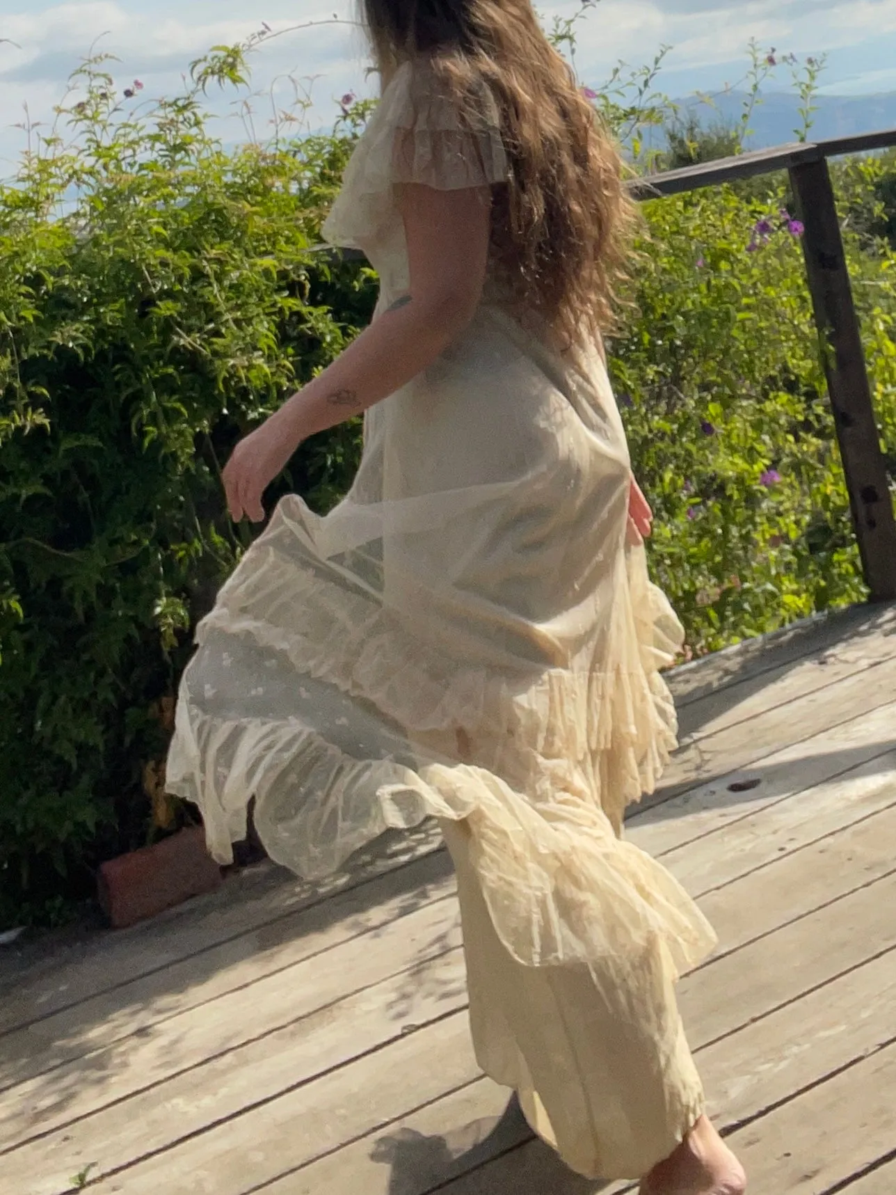 1930s Embroidered Net Ruffle Collar Peignoir Over Dress