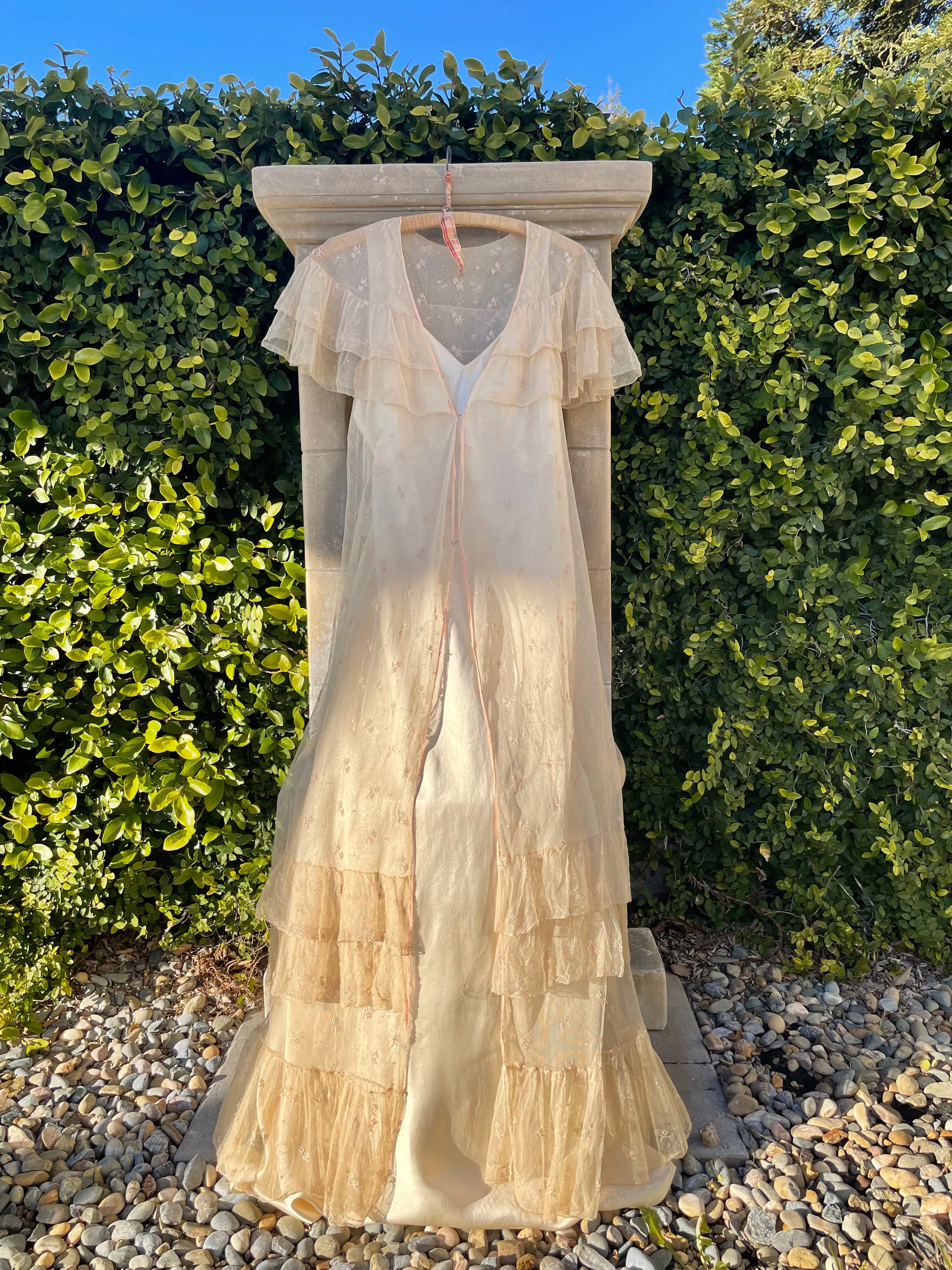 1930s Embroidered Net Ruffle Collar Peignoir Over Dress