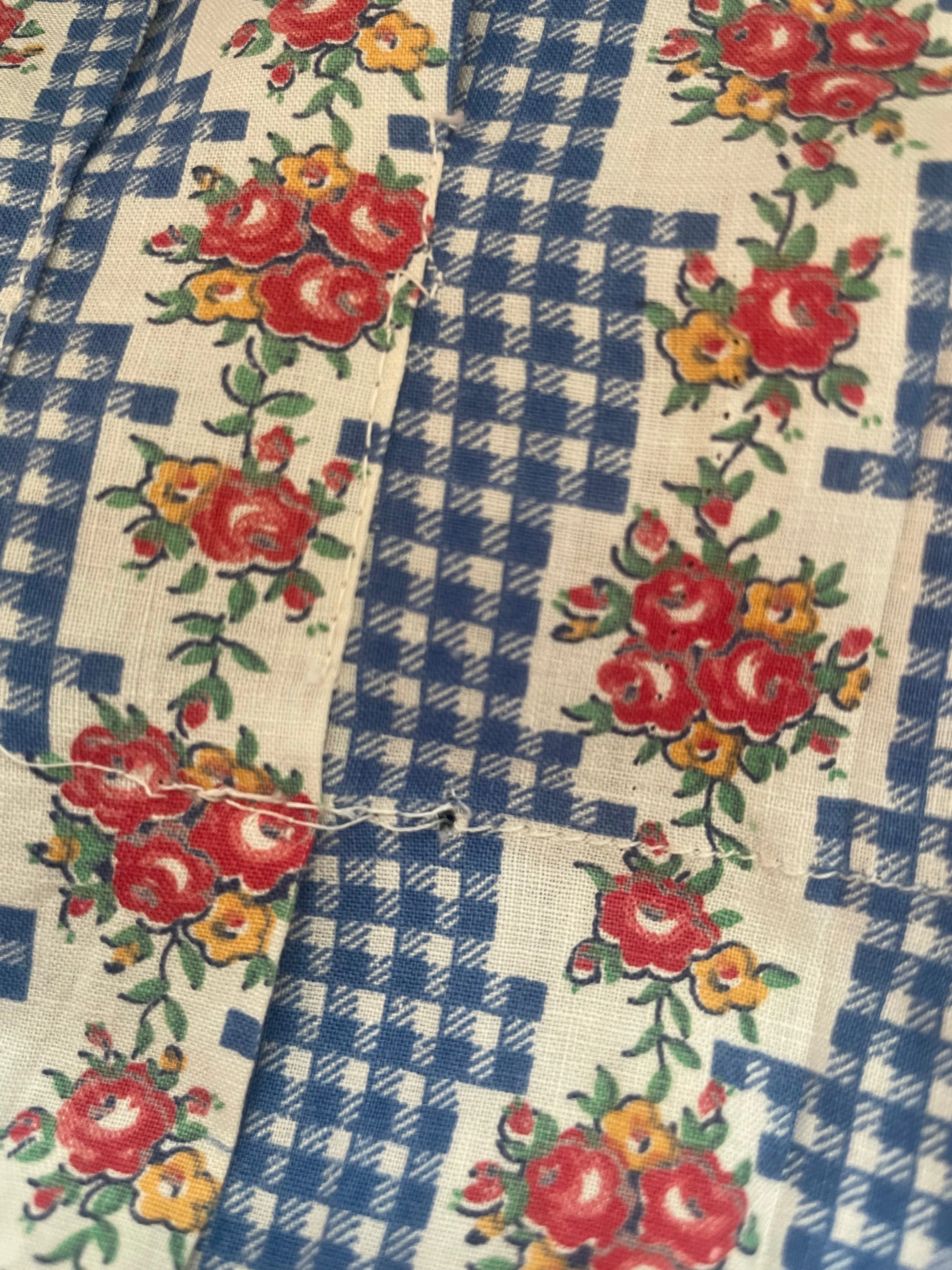 1930s Feedsack Ruffle Neckline Striped Floral Floor Length Dressing Gown