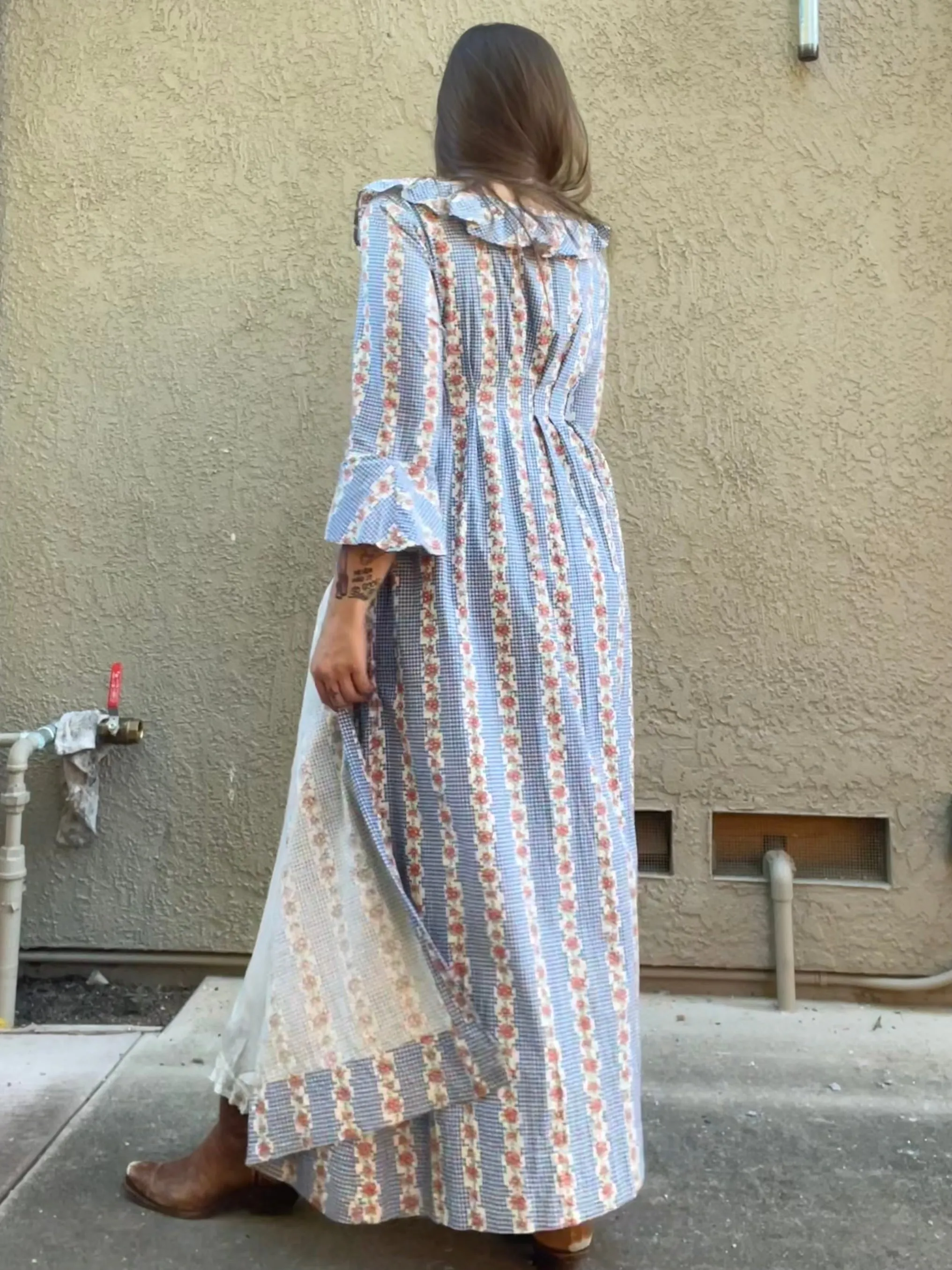 1930s Feedsack Ruffle Neckline Striped Floral Floor Length Dressing Gown