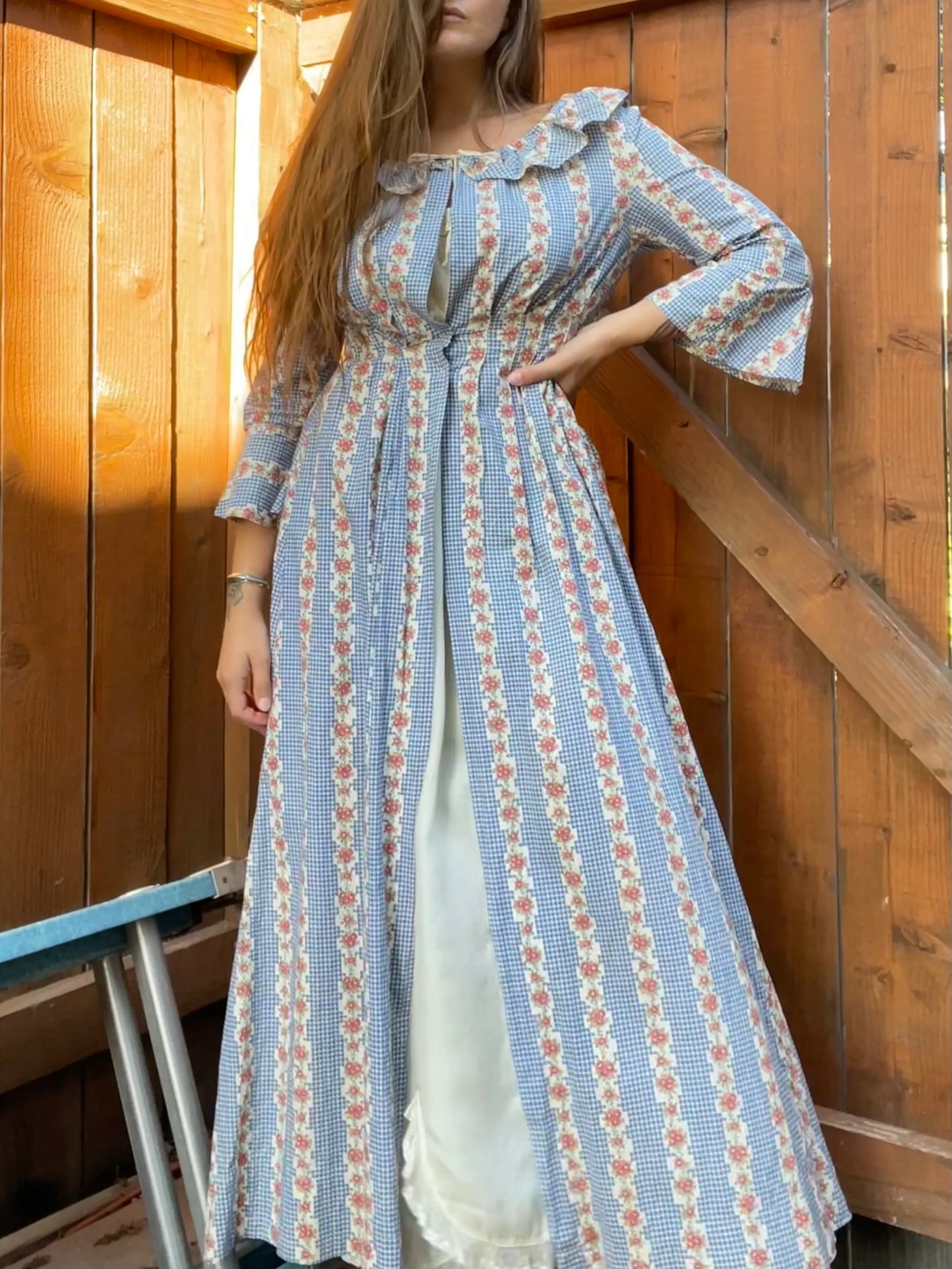 1930s Feedsack Ruffle Neckline Striped Floral Floor Length Dressing Gown
