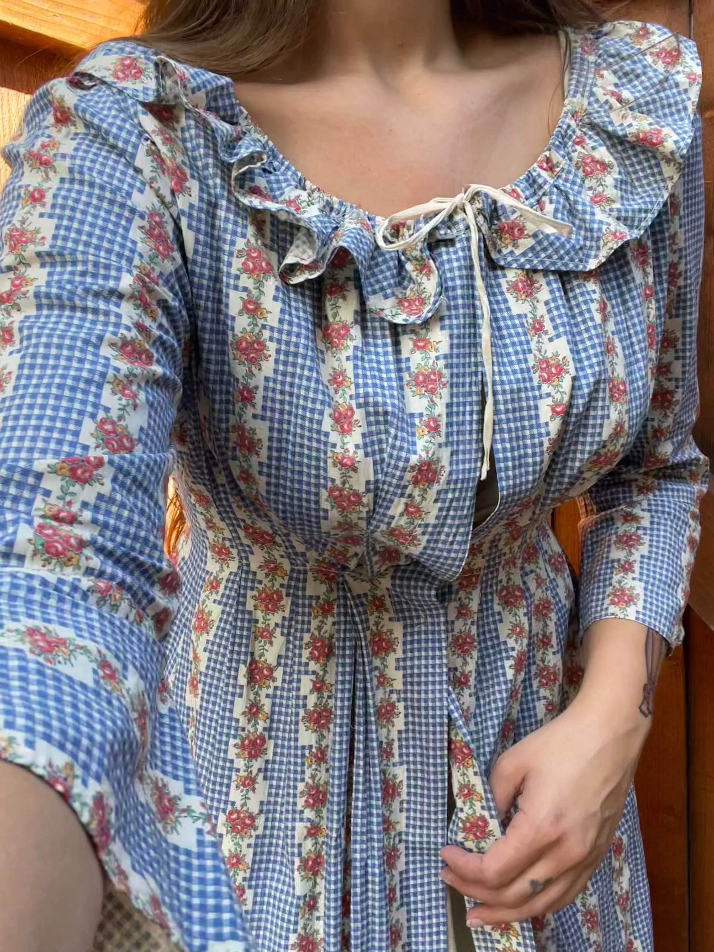 1930s Feedsack Ruffle Neckline Striped Floral Floor Length Dressing Gown