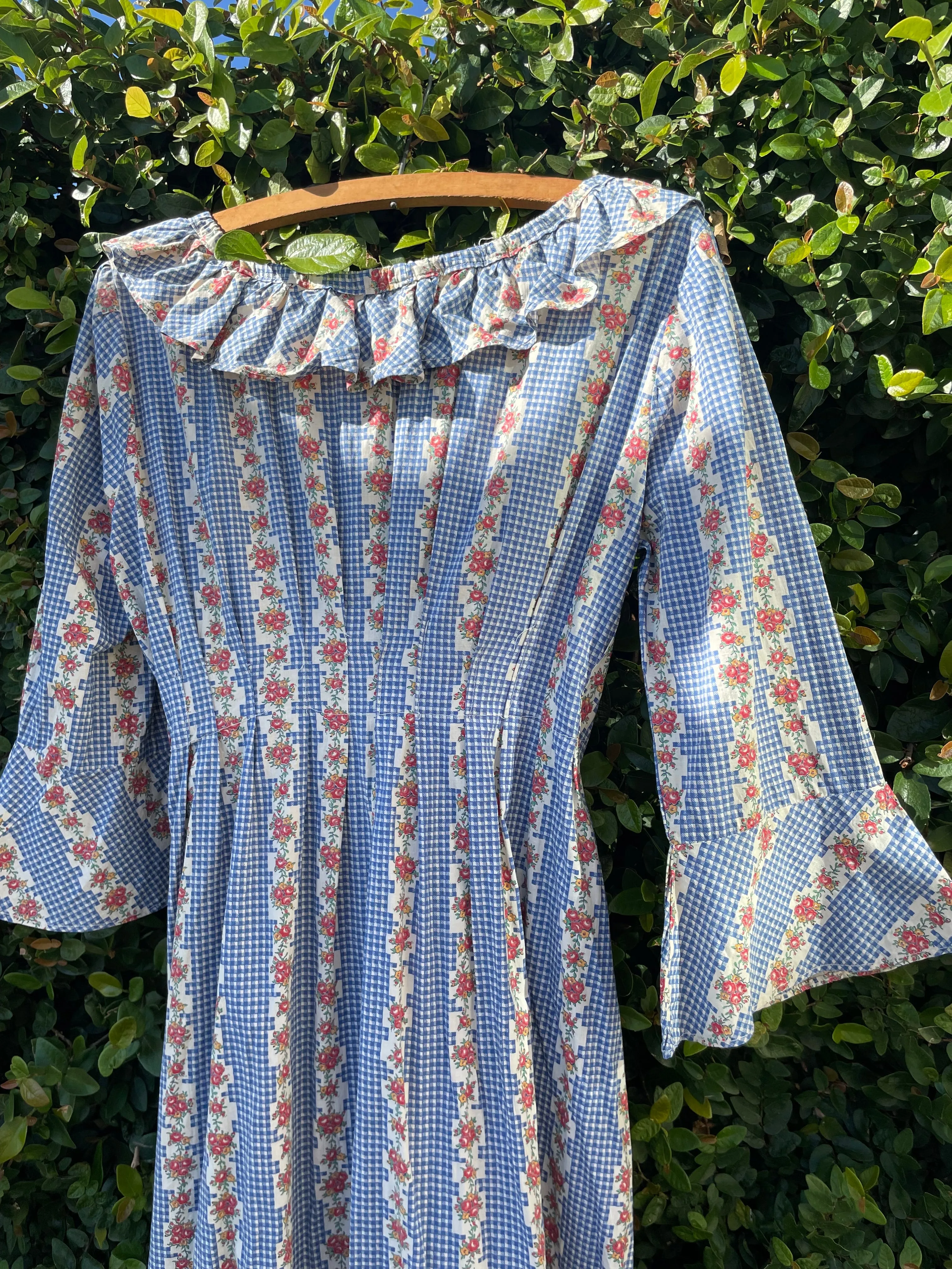 1930s Feedsack Ruffle Neckline Striped Floral Floor Length Dressing Gown