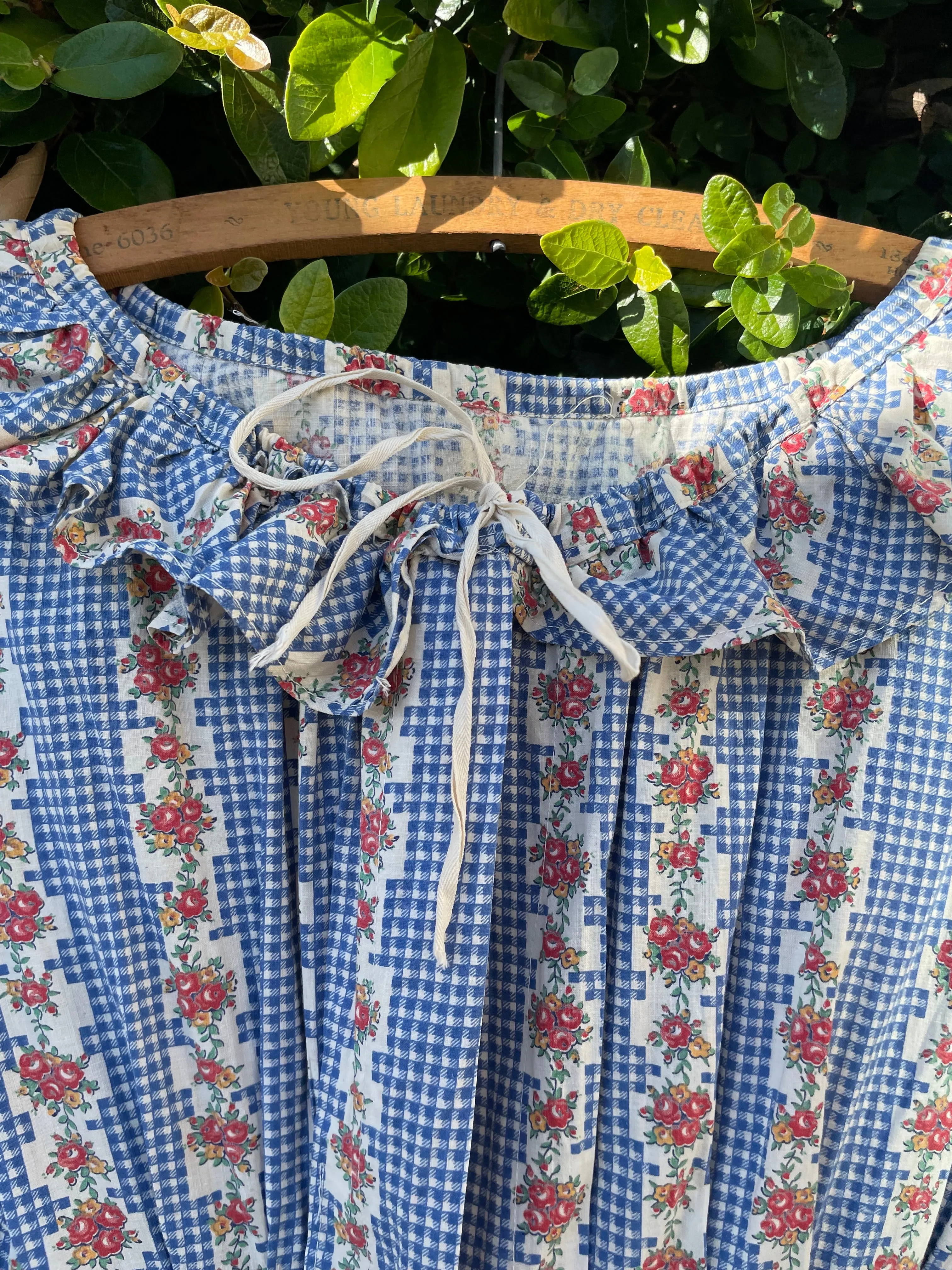 1930s Feedsack Ruffle Neckline Striped Floral Floor Length Dressing Gown