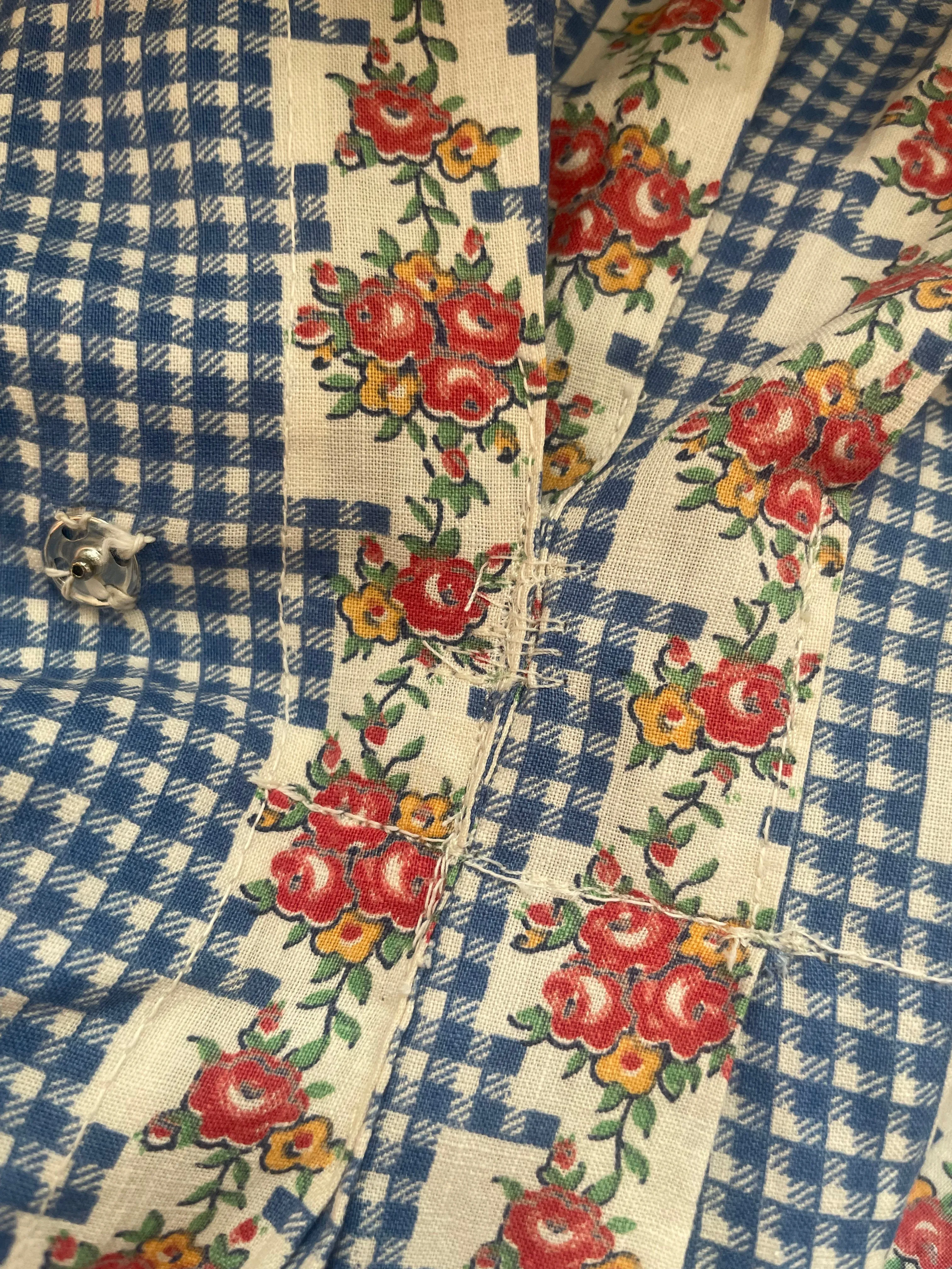 1930s Feedsack Ruffle Neckline Striped Floral Floor Length Dressing Gown