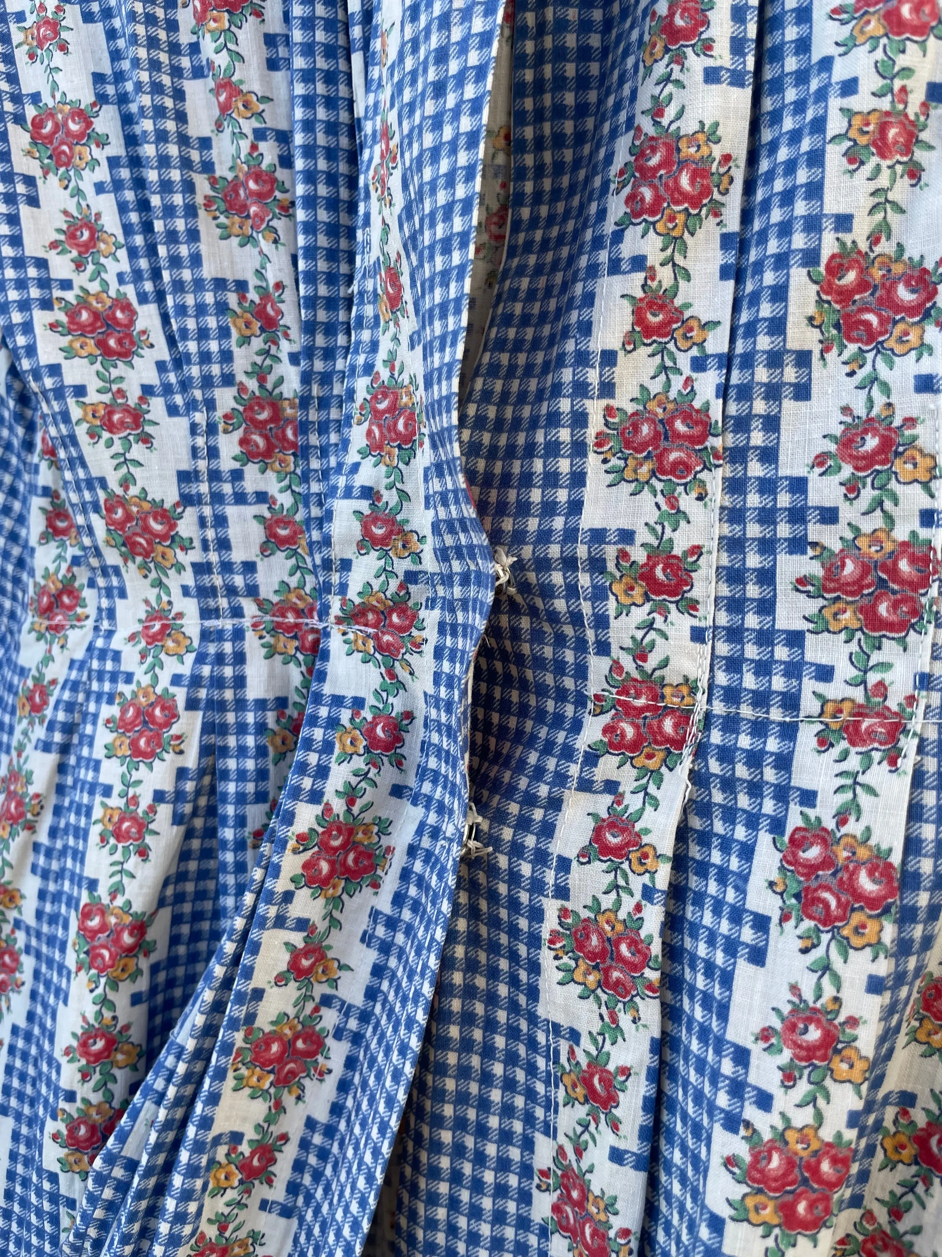 1930s Feedsack Ruffle Neckline Striped Floral Floor Length Dressing Gown
