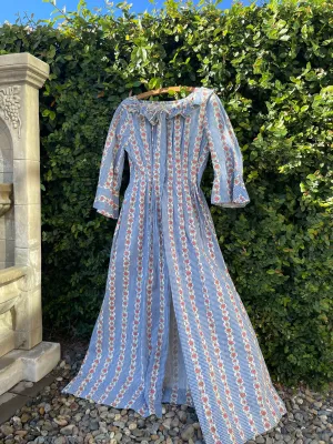 1930s Feedsack Ruffle Neckline Striped Floral Floor Length Dressing Gown