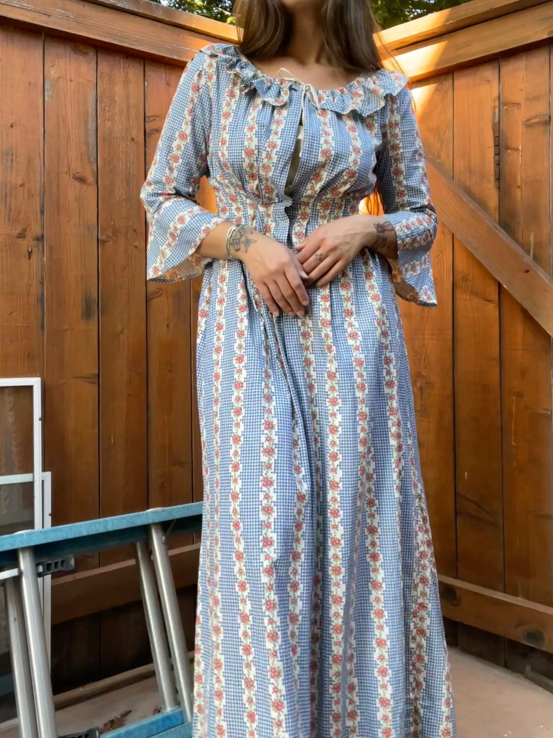 1930s Feedsack Ruffle Neckline Striped Floral Floor Length Dressing Gown