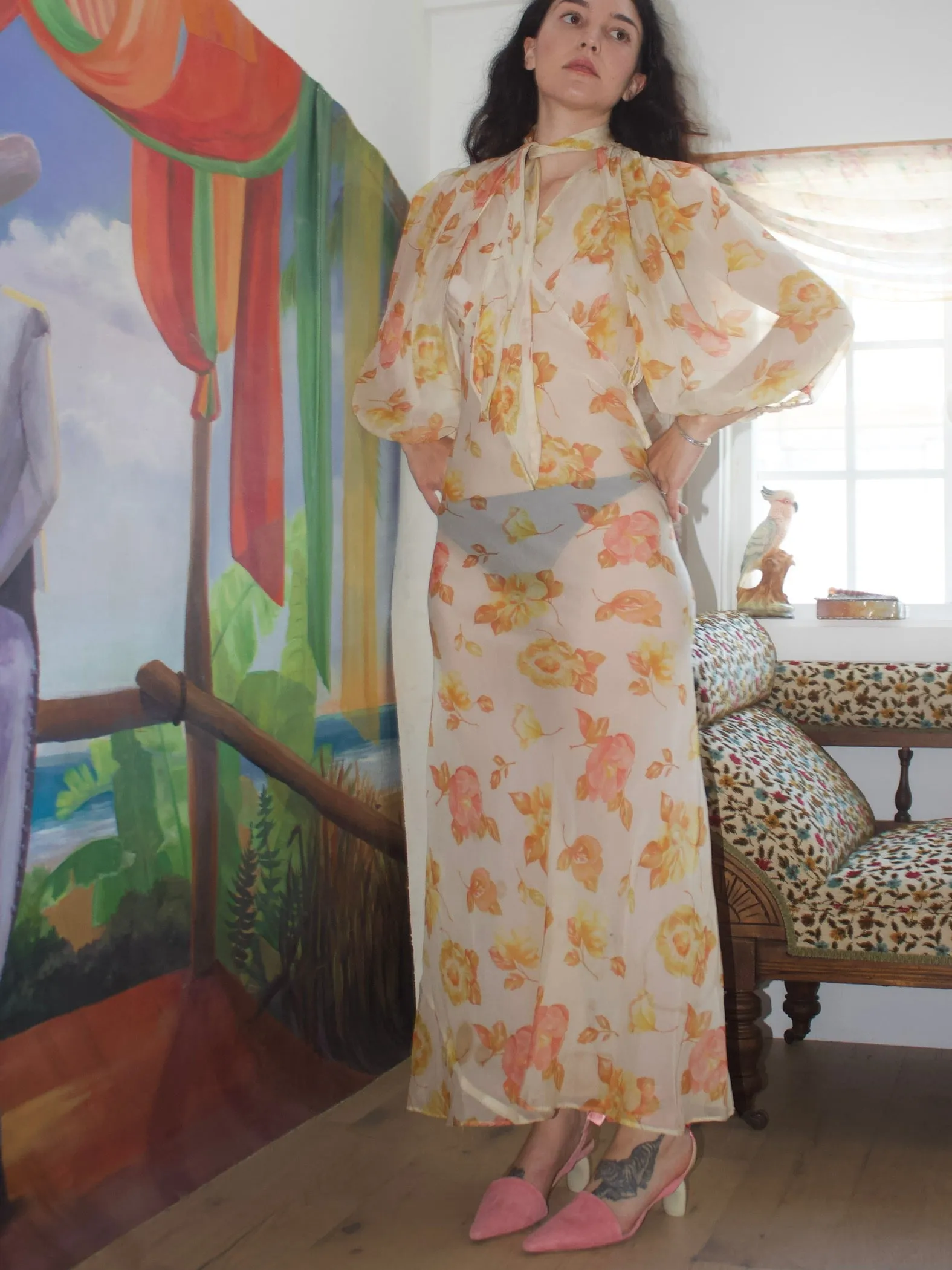 1930s Two Piece Sheer Floral Bias Cut Dress & Open Back Bolero Set