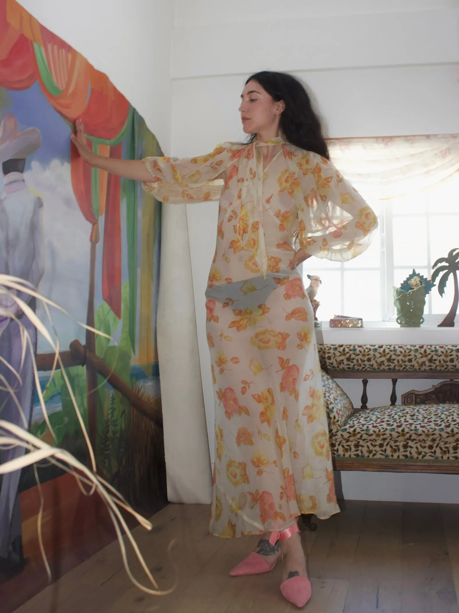 1930s Two Piece Sheer Floral Bias Cut Dress & Open Back Bolero Set