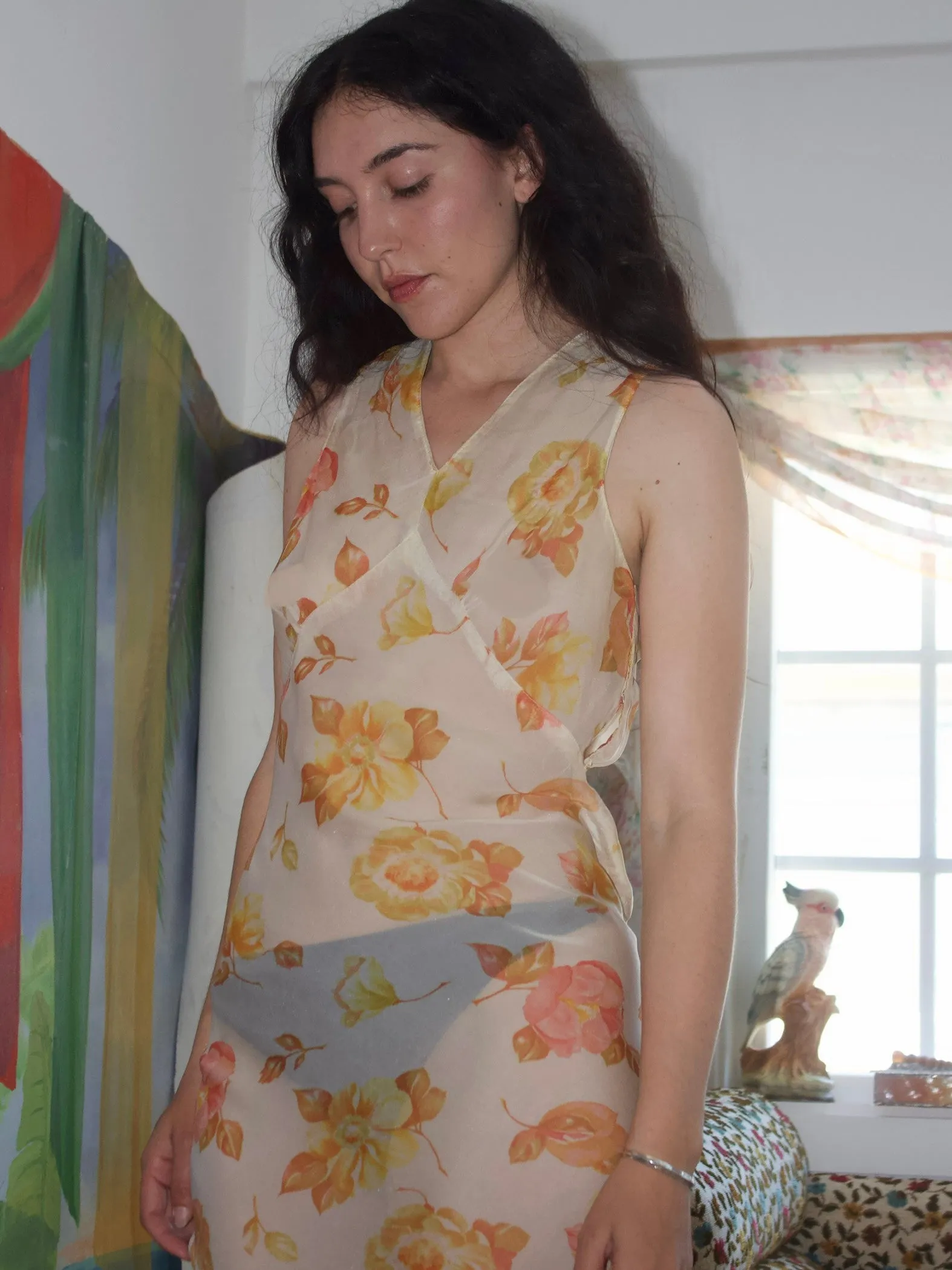1930s Two Piece Sheer Floral Bias Cut Dress & Open Back Bolero Set