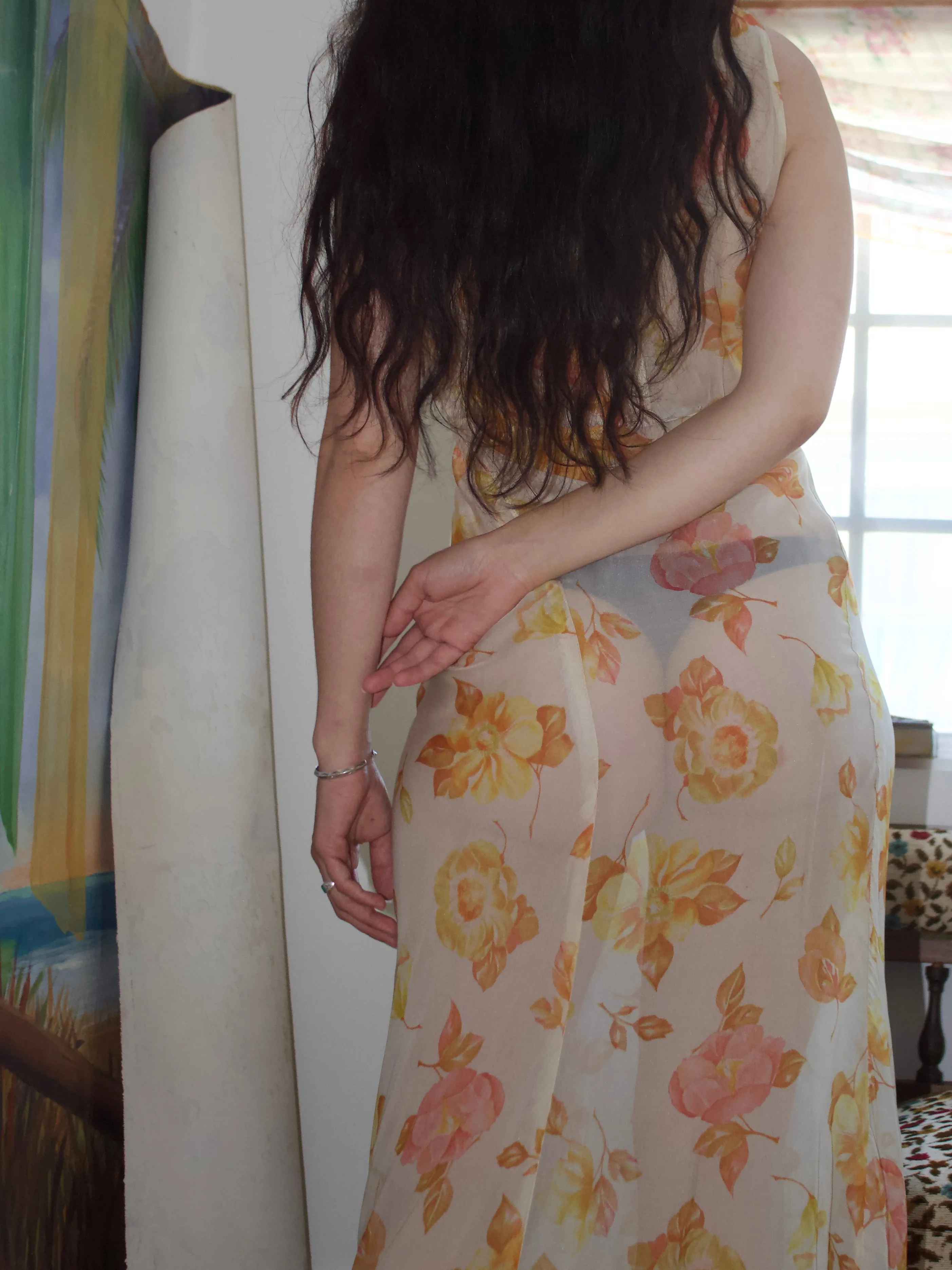 1930s Two Piece Sheer Floral Bias Cut Dress & Open Back Bolero Set