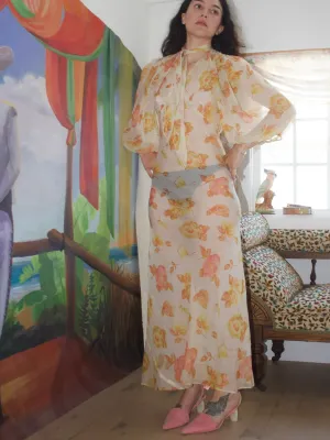 1930s Two Piece Sheer Floral Bias Cut Dress & Open Back Bolero Set