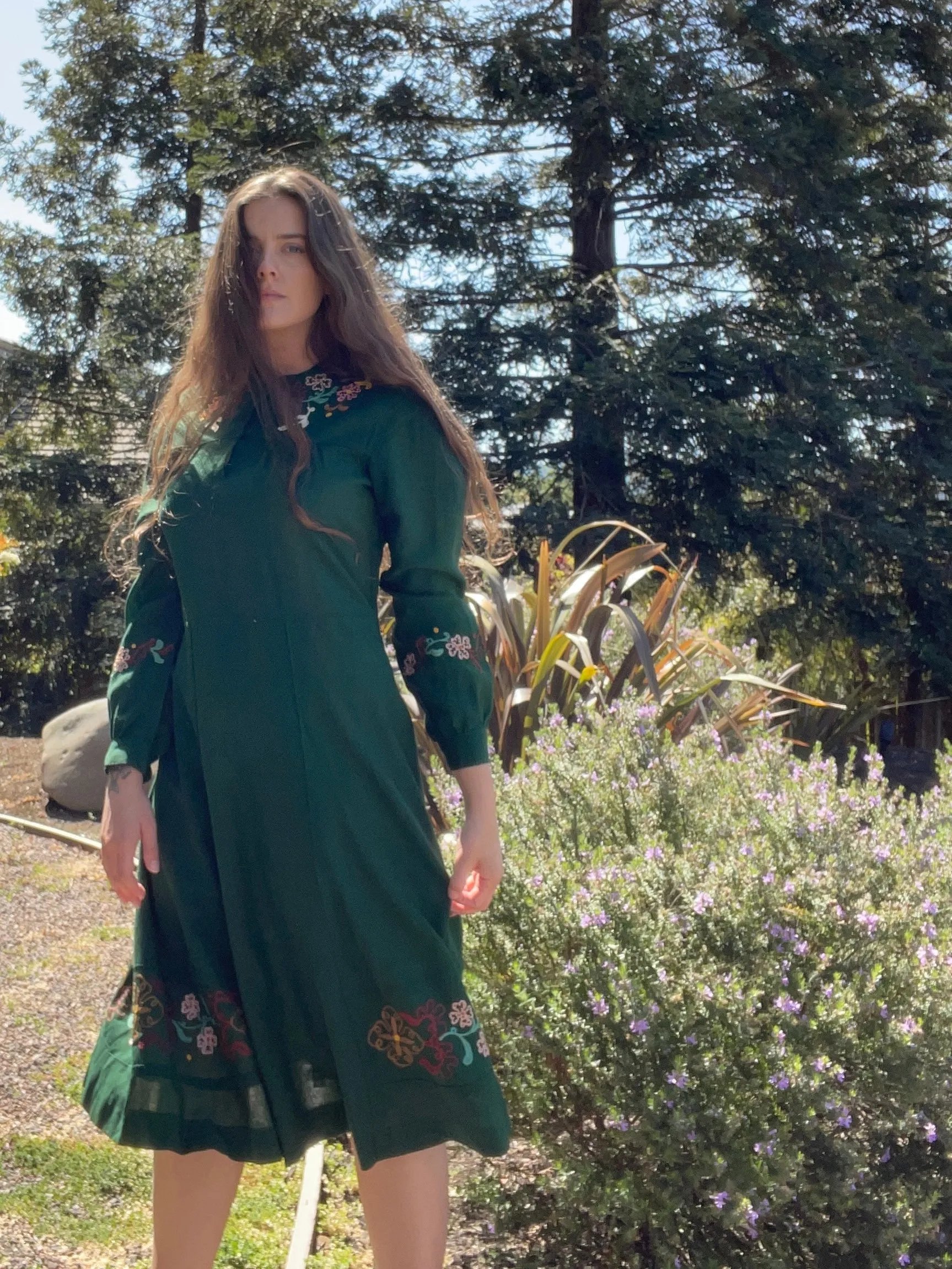 1940s Floral Embroidered Wool Folk Dress