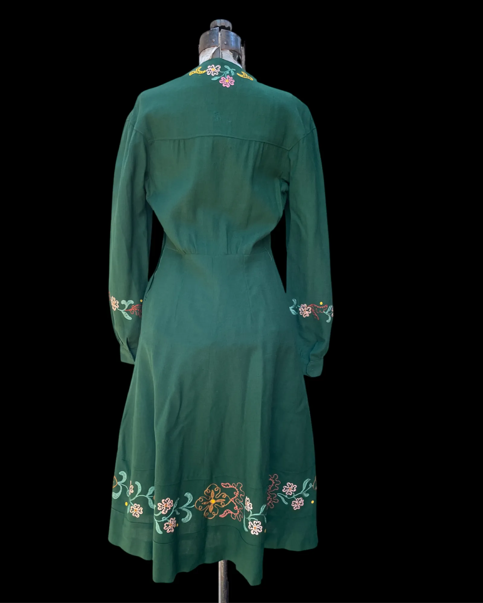 1940s Floral Embroidered Wool Folk Dress