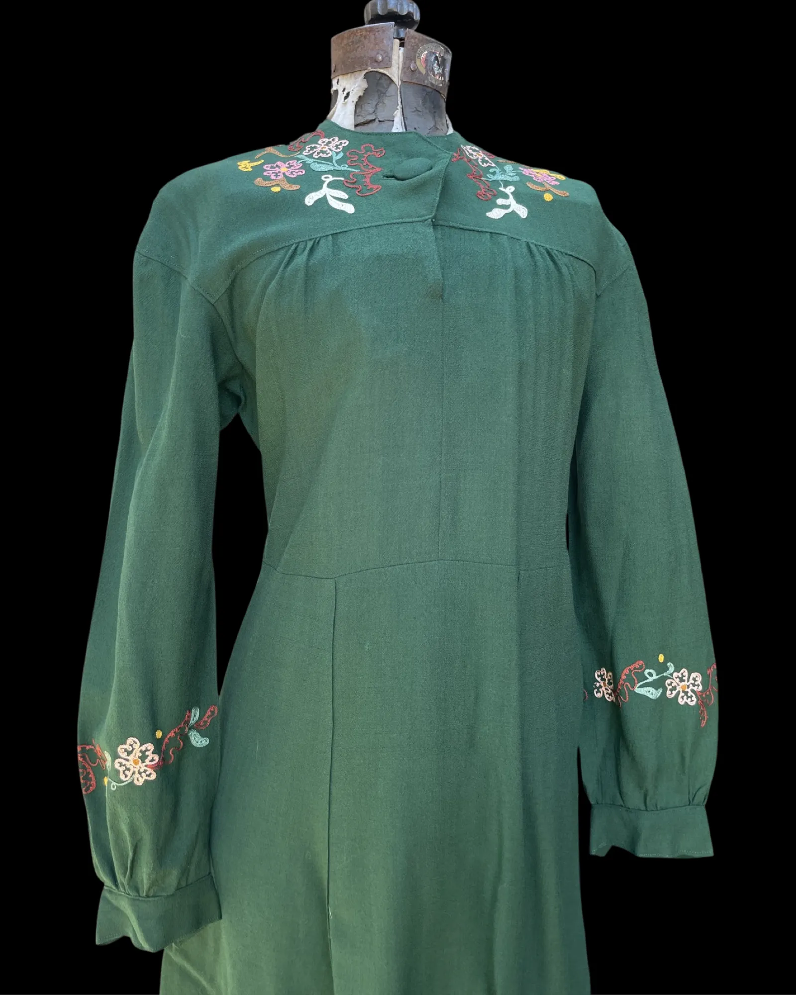 1940s Floral Embroidered Wool Folk Dress
