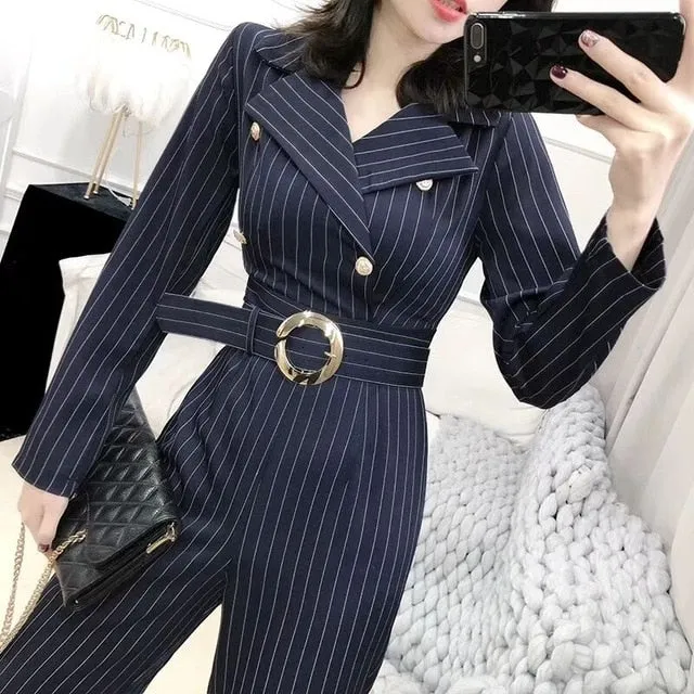 2019 women's new Korean temperament suit collar slim slimming high waist strap wide leg jumpsuit