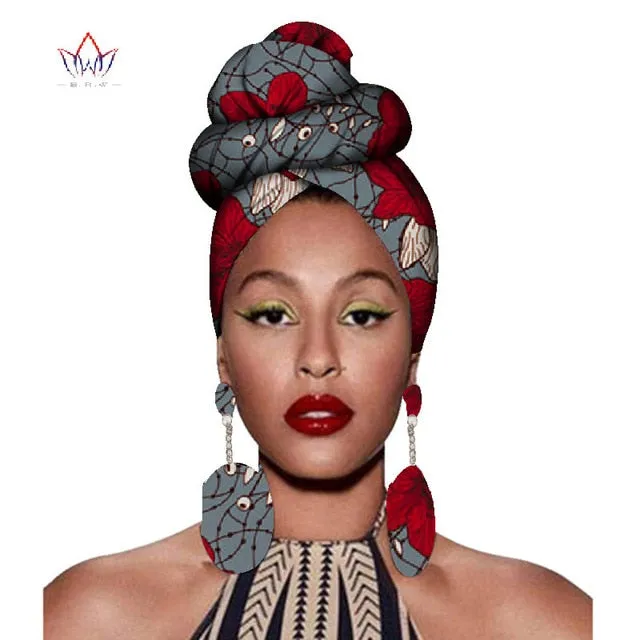 2020 African Headtie Print Headwrap Ankara Wax Fabric 100% Pure Cotton Scarf Kente Scarves And Earrings 2 Pieces Wyb56