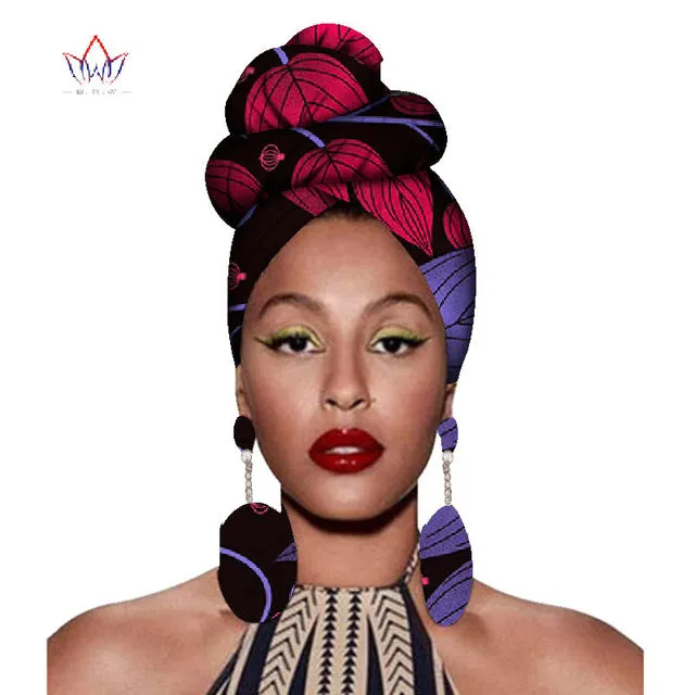2020 African Headtie Print Headwrap Ankara Wax Fabric 100% Pure Cotton Scarf Kente Scarves And Earrings 2 Pieces Wyb56