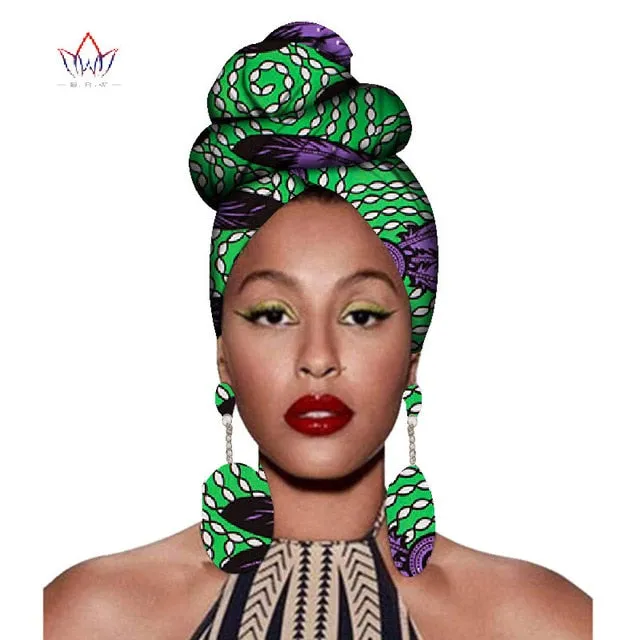 2020 African Headtie Print Headwrap Ankara Wax Fabric 100% Pure Cotton Scarf Kente Scarves And Earrings 2 Pieces Wyb56
