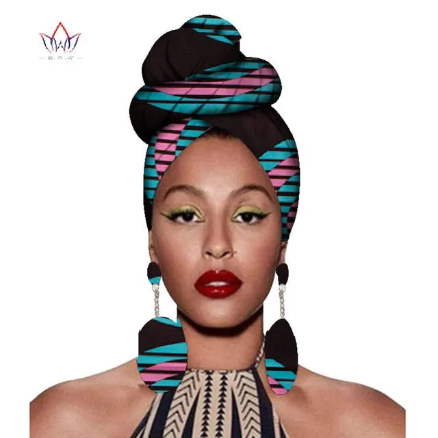2020 African Headtie Print Headwrap Ankara Wax Fabric 100% Pure Cotton Scarf Kente Scarves And Earrings 2 Pieces Wyb56