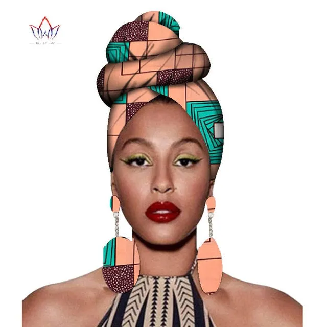 2020 African Headtie Print Headwrap Ankara Wax Fabric 100% Pure Cotton Scarf Kente Scarves And Earrings 2 Pieces Wyb56
