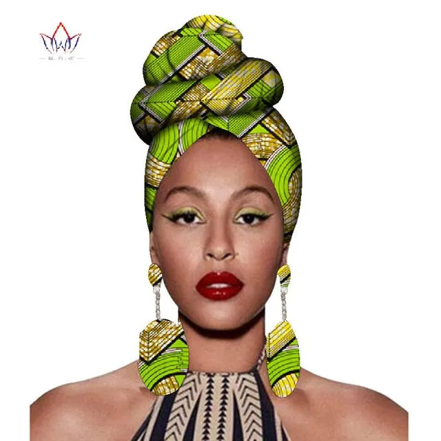 2020 African Headtie Print Headwrap Ankara Wax Fabric 100% Pure Cotton Scarf Kente Scarves And Earrings 2 Pieces Wyb56