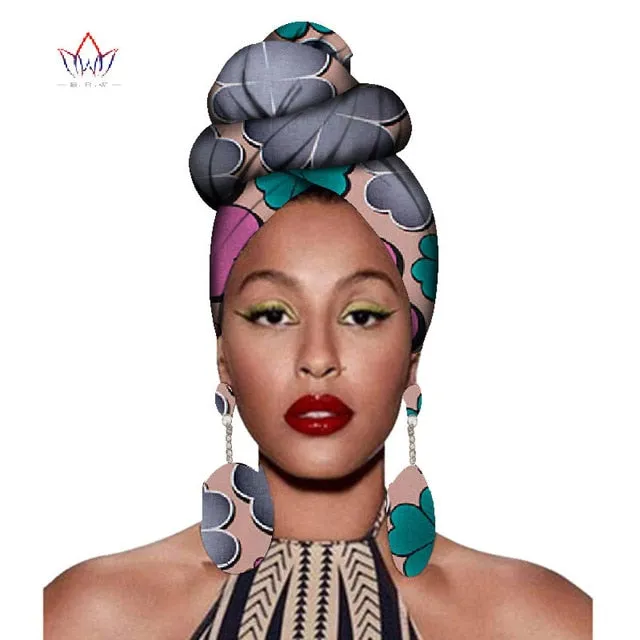2020 African Headtie Print Headwrap Ankara Wax Fabric 100% Pure Cotton Scarf Kente Scarves And Earrings 2 Pieces Wyb56