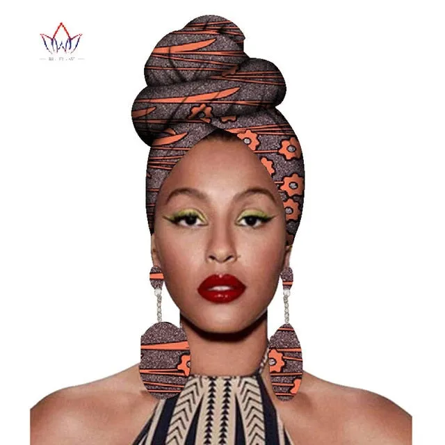 2020 African Headtie Print Headwrap Ankara Wax Fabric 100% Pure Cotton Scarf Kente Scarves And Earrings 2 Pieces Wyb56