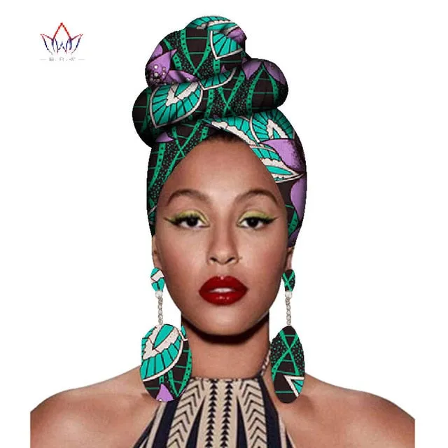 2020 African Headtie Print Headwrap Ankara Wax Fabric 100% Pure Cotton Scarf Kente Scarves And Earrings 2 Pieces Wyb56