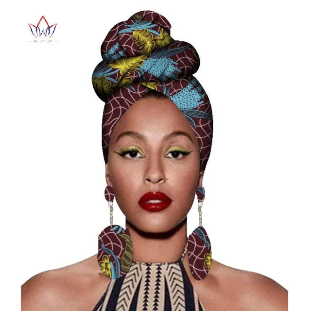 2020 African Headtie Print Headwrap Ankara Wax Fabric 100% Pure Cotton Scarf Kente Scarves And Earrings 2 Pieces Wyb56