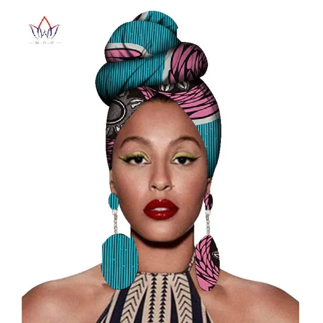 2020 African Headtie Print Headwrap Ankara Wax Fabric 100% Pure Cotton Scarf Kente Scarves And Earrings 2 Pieces Wyb56