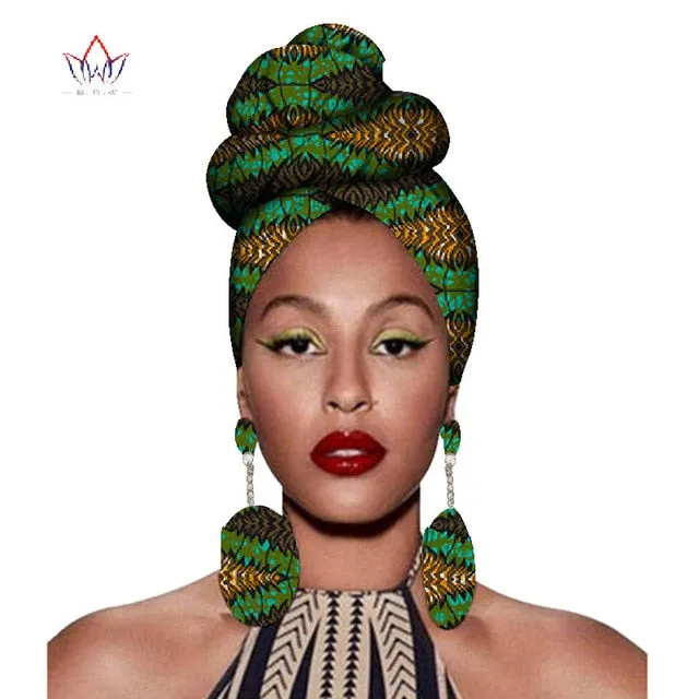2020 African Headtie Print Headwrap Ankara Wax Fabric 100% Pure Cotton Scarf Kente Scarves And Earrings 2 Pieces Wyb56