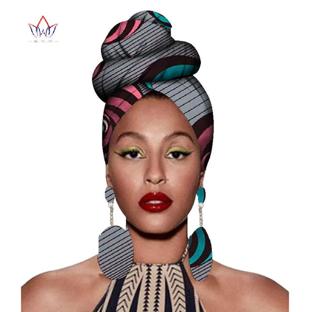 2020 African Headtie Print Headwrap Ankara Wax Fabric 100% Pure Cotton Scarf Kente Scarves And Earrings 2 Pieces Wyb56