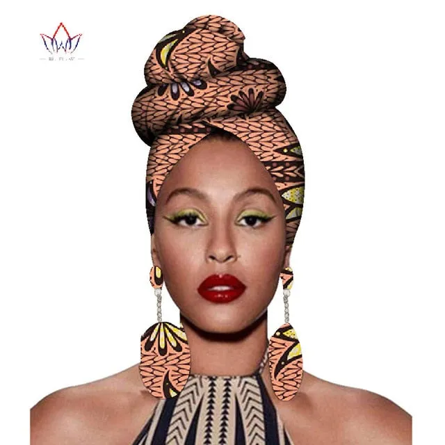 2020 African Headtie Print Headwrap Ankara Wax Fabric 100% Pure Cotton Scarf Kente Scarves And Earrings 2 Pieces Wyb56