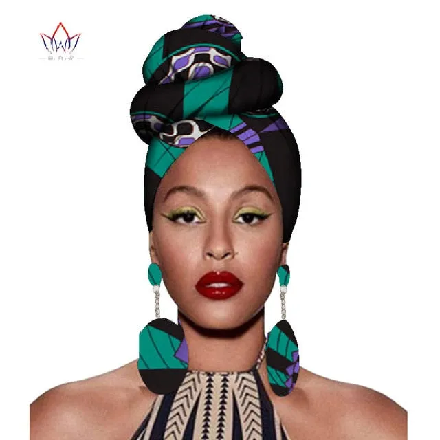 2020 African Headtie Print Headwrap Ankara Wax Fabric 100% Pure Cotton Scarf Kente Scarves And Earrings 2 Pieces Wyb56