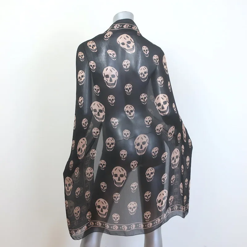 Alexander McQueen Skull Scarf Black & Beige Silk Chiffon 40" X 44"
