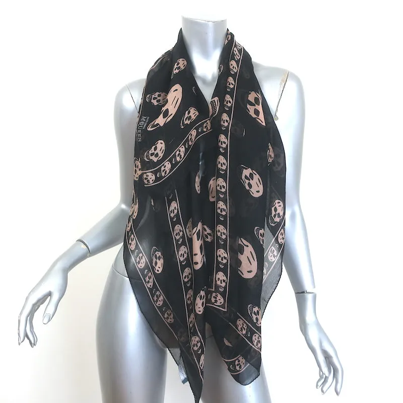 Alexander McQueen Skull Scarf Black & Beige Silk Chiffon 40" X 44"