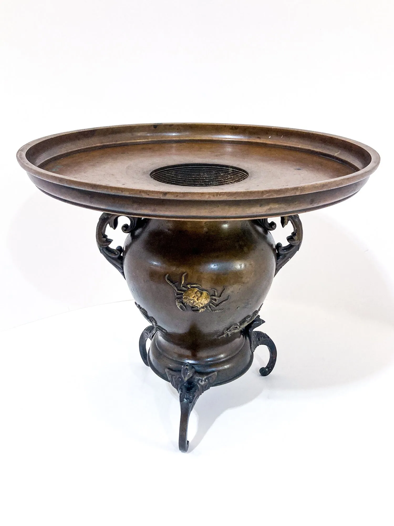 Antique Japanese Yoshimasa Bronze Crab Ocean Motif Ikebana Vase