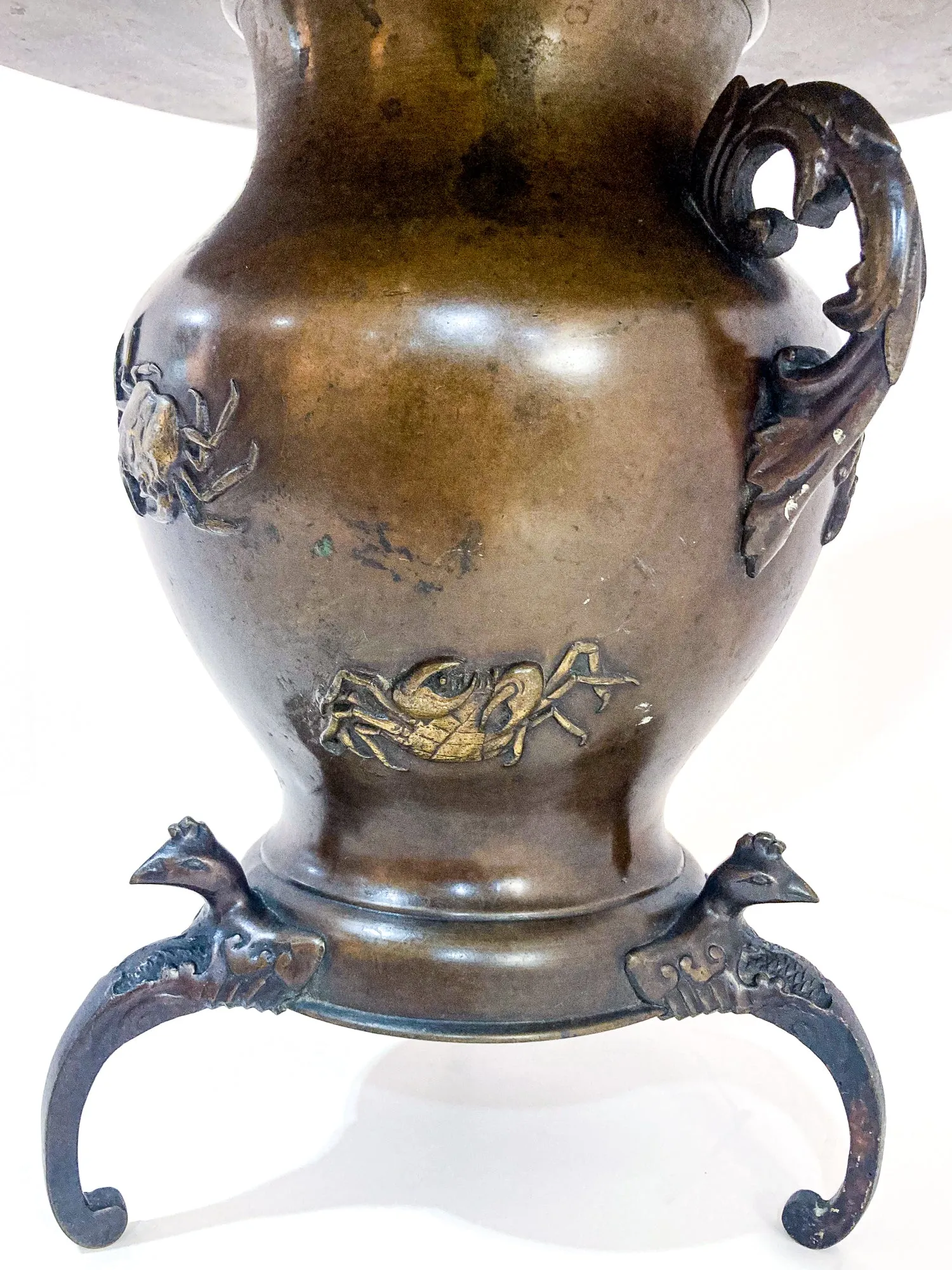 Antique Japanese Yoshimasa Bronze Crab Ocean Motif Ikebana Vase