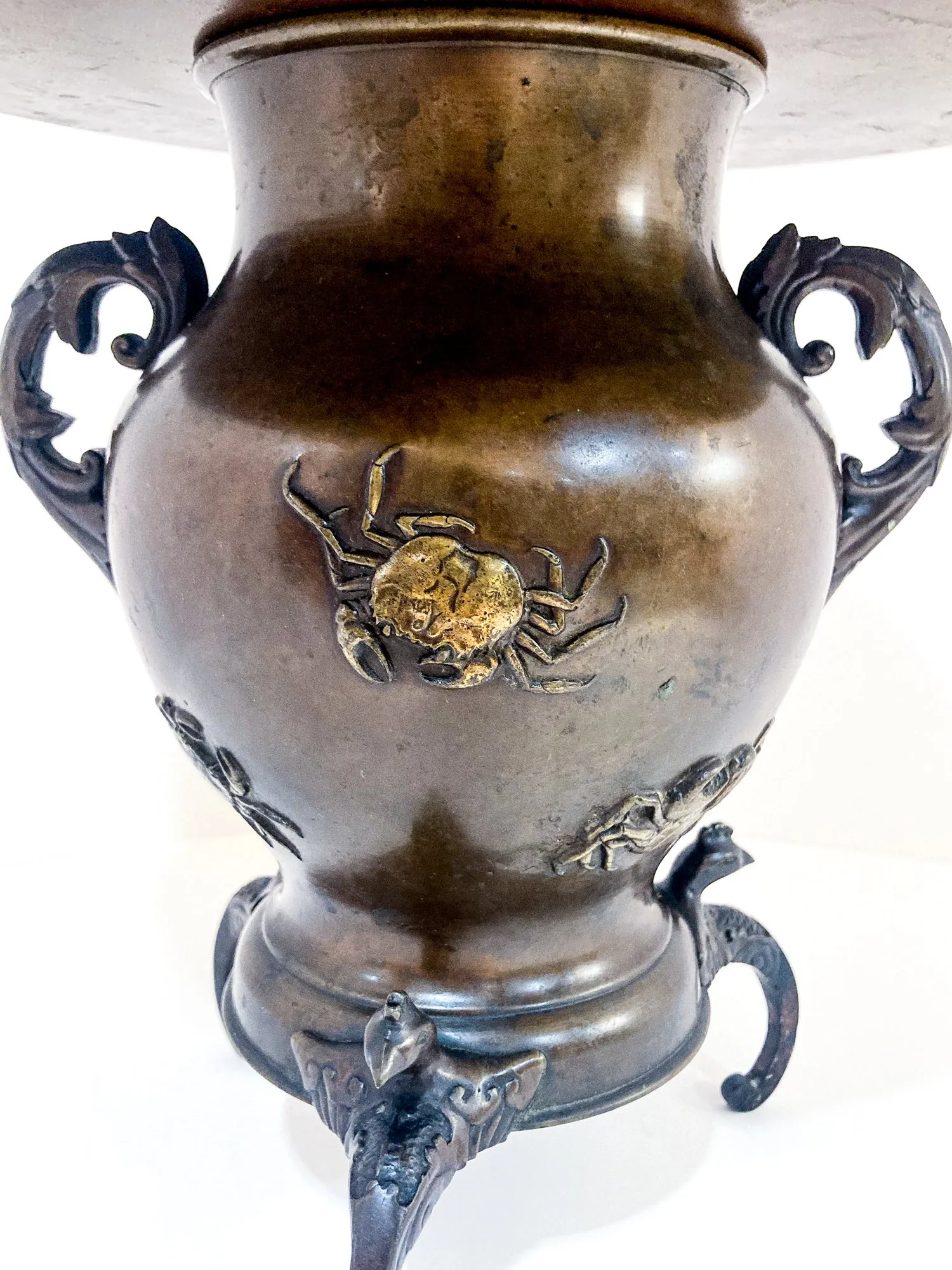 Antique Japanese Yoshimasa Bronze Crab Ocean Motif Ikebana Vase