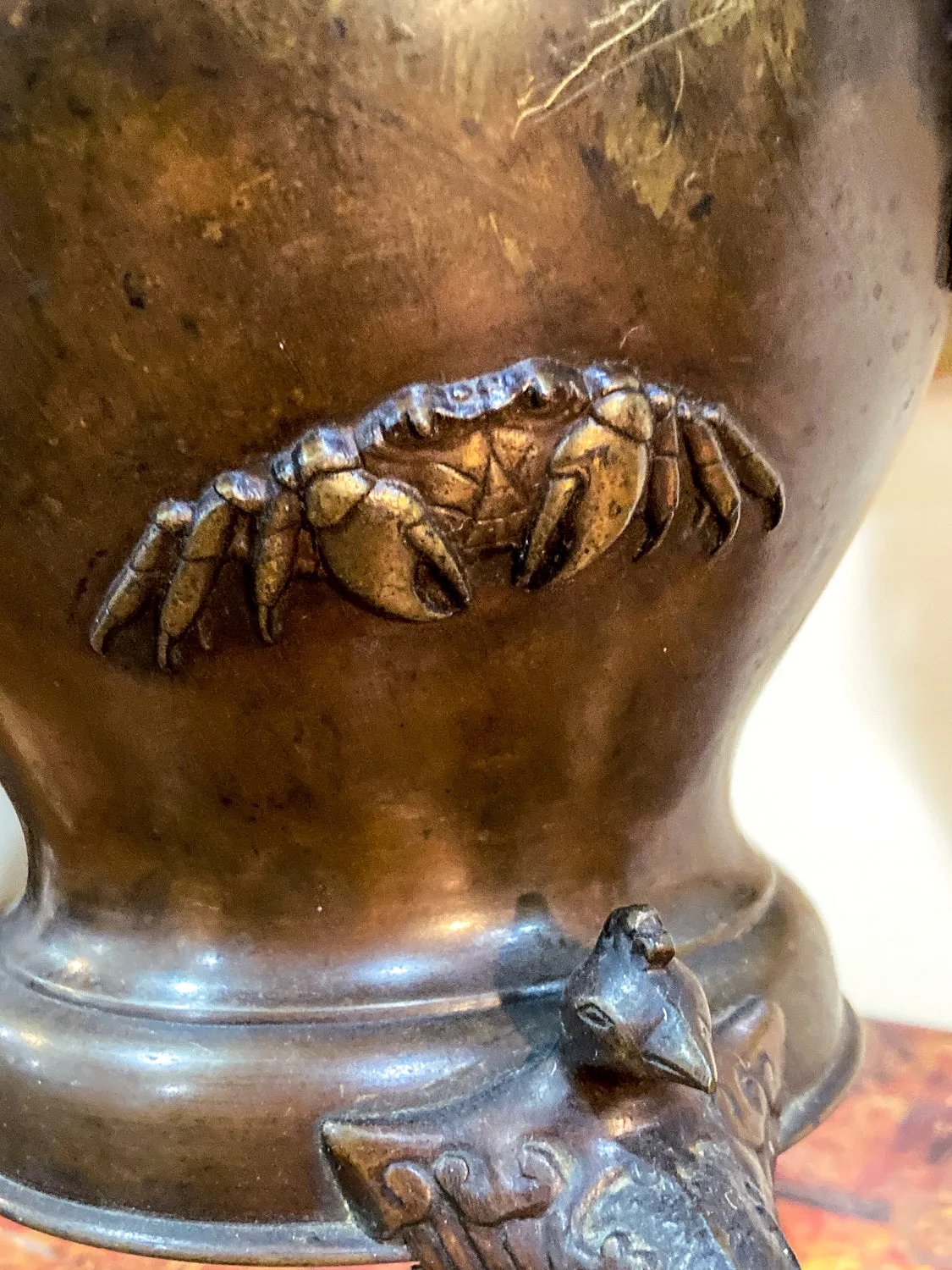 Antique Japanese Yoshimasa Bronze Crab Ocean Motif Ikebana Vase