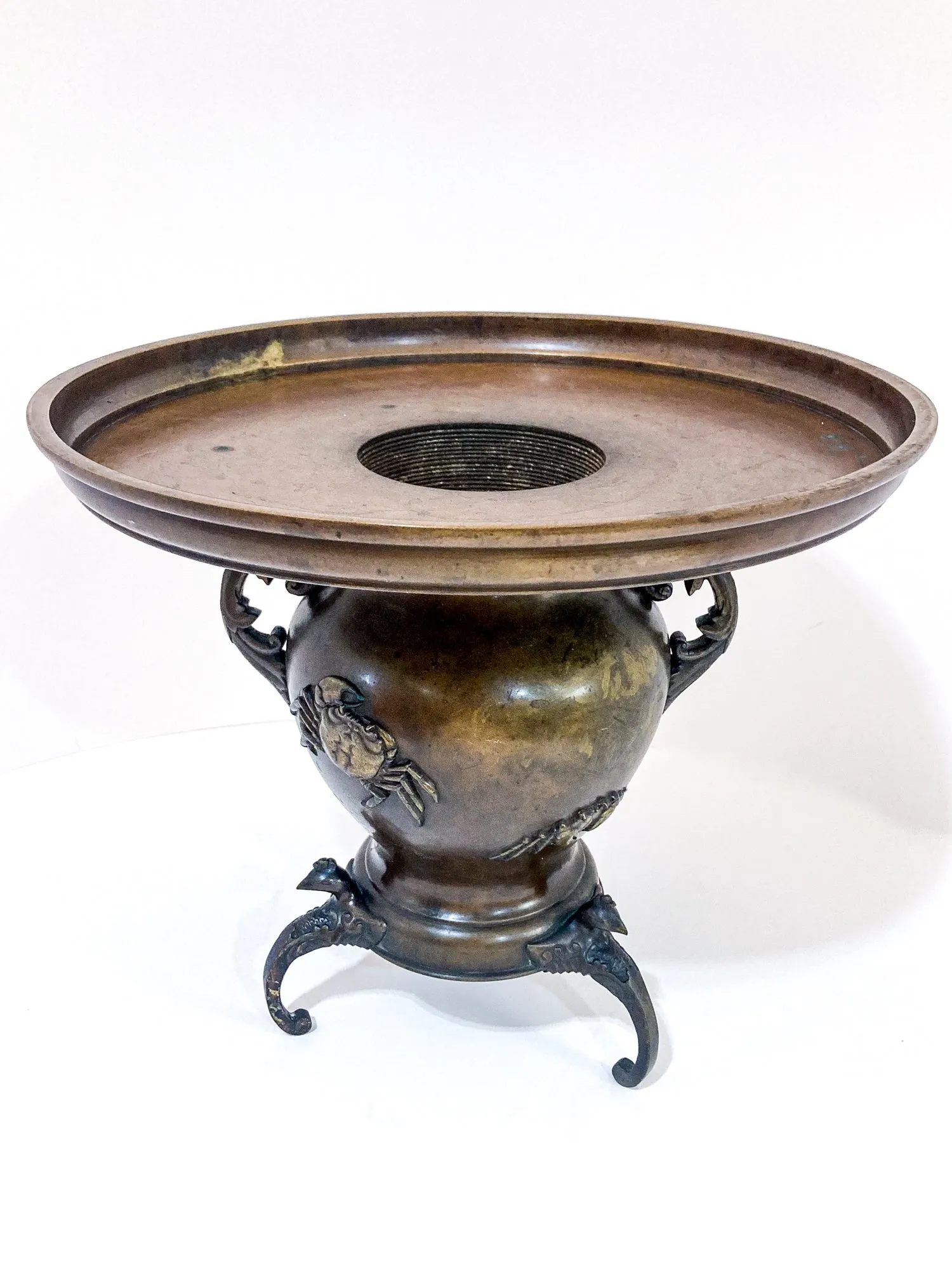 Antique Japanese Yoshimasa Bronze Crab Ocean Motif Ikebana Vase