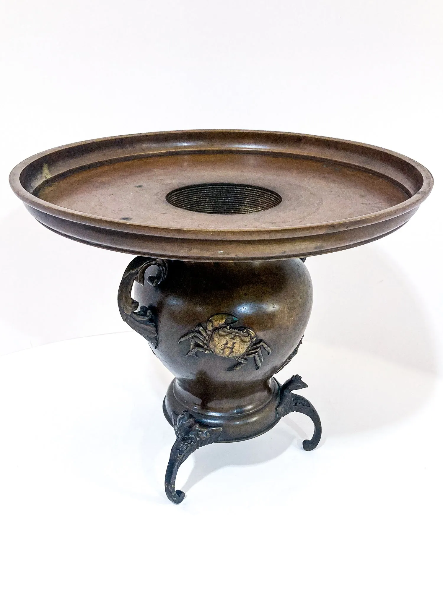 Antique Japanese Yoshimasa Bronze Crab Ocean Motif Ikebana Vase