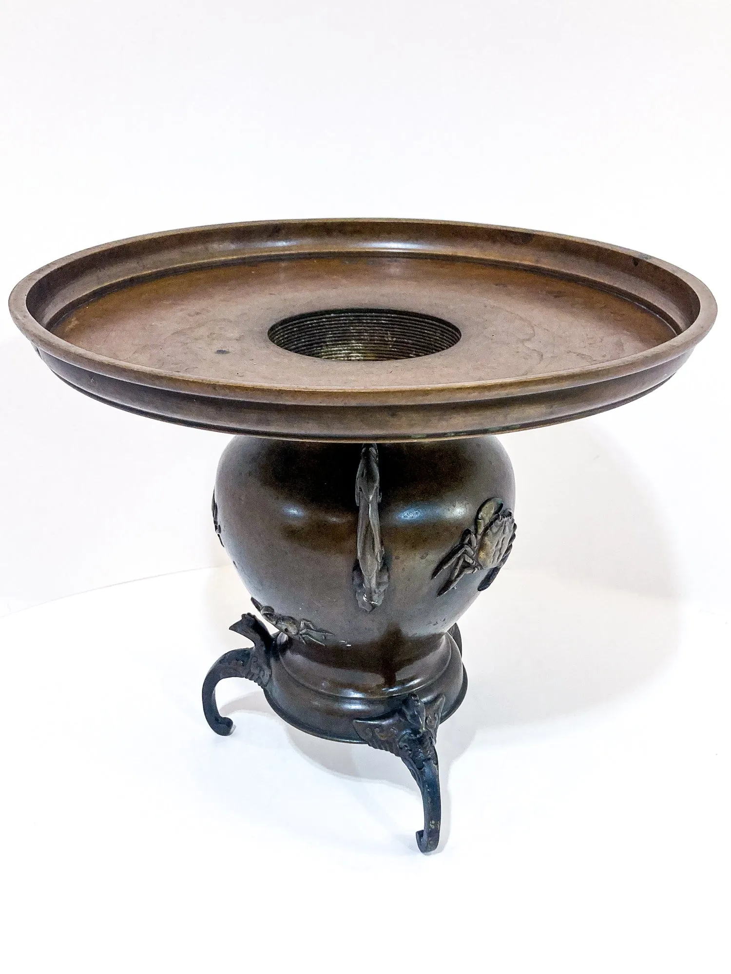 Antique Japanese Yoshimasa Bronze Crab Ocean Motif Ikebana Vase