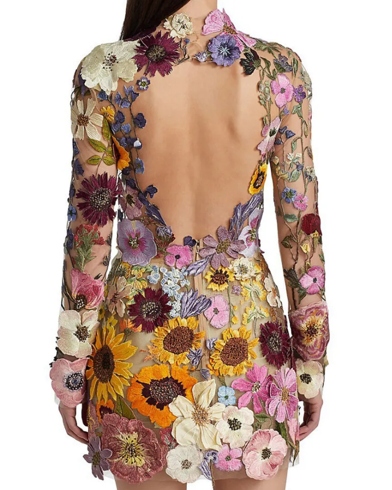 Backless High Neckline Floral Embroidered Bodycon Mini Dresses