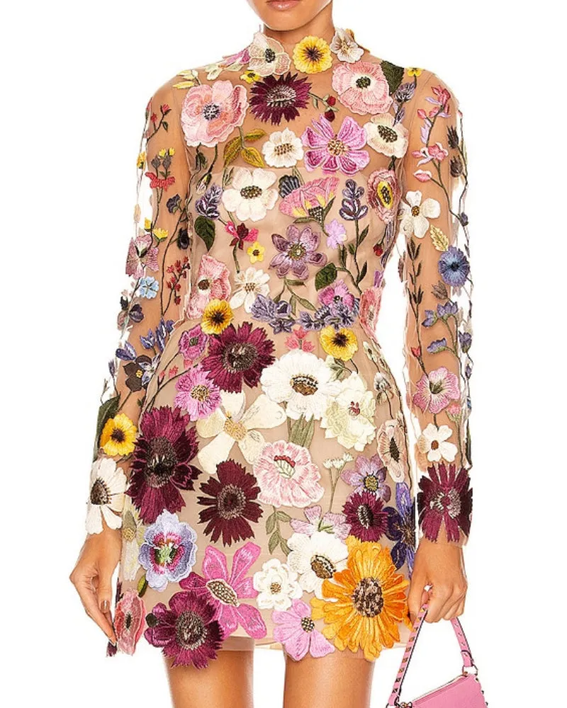 Backless High Neckline Floral Embroidered Bodycon Mini Dresses