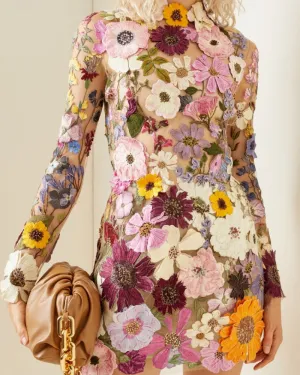 Backless High Neckline Floral Embroidered Bodycon Mini Dresses