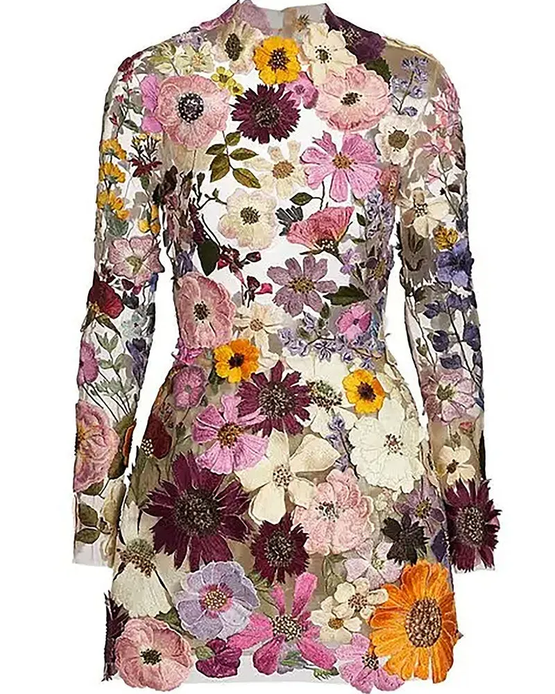 Backless High Neckline Floral Embroidered Bodycon Mini Dresses